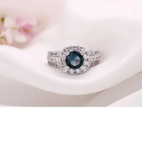 Stunning  2.5ctw Blue Sapphire / Diamond Halo Bridal Ring 925 Sterling Silver - Picture 14 of 16